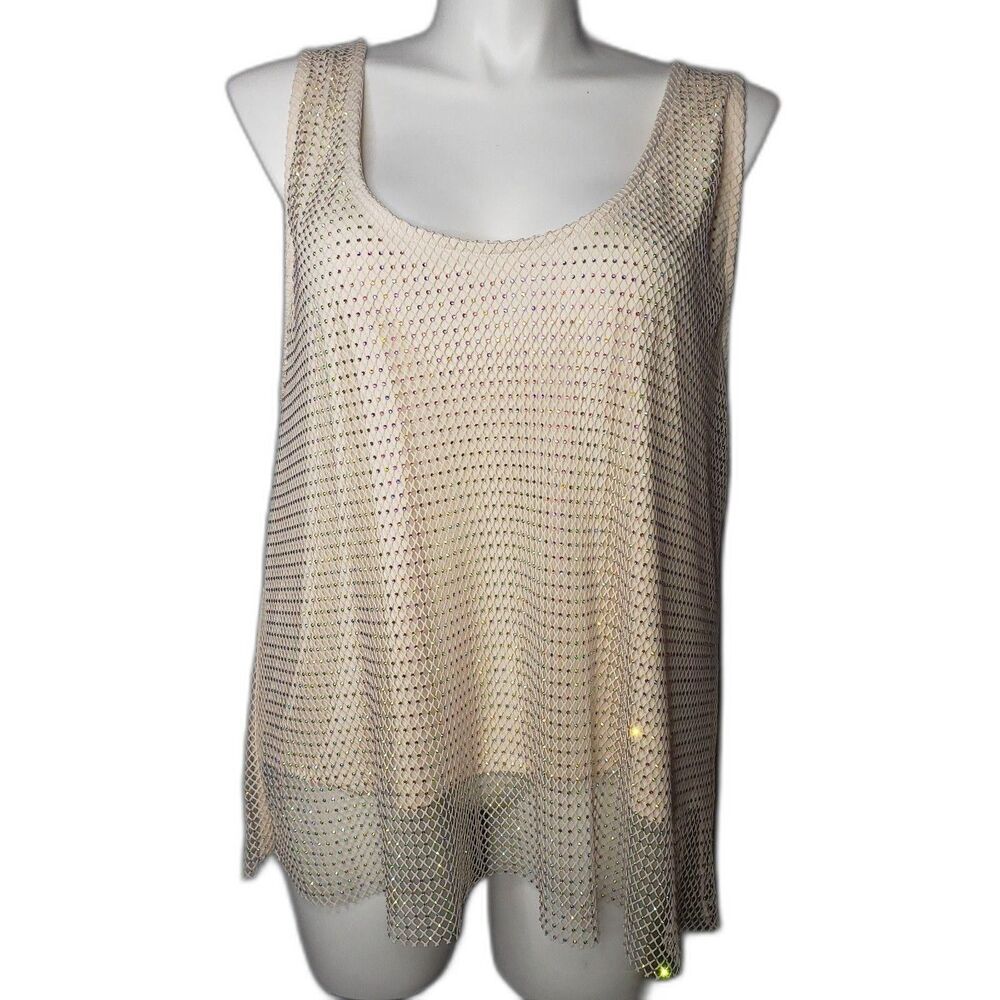 Sunday in Brooklyn Tank Top Womens 3X Sheer Rhinestone Sleeveless Layered Mesh